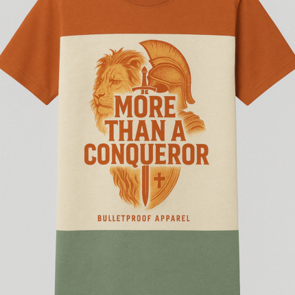 Color block T-shirt with shield and lion.
