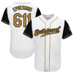 this jersey features a crisp white body with contrasting black sleeves and gold trim, delivering premium style with a powerful message.