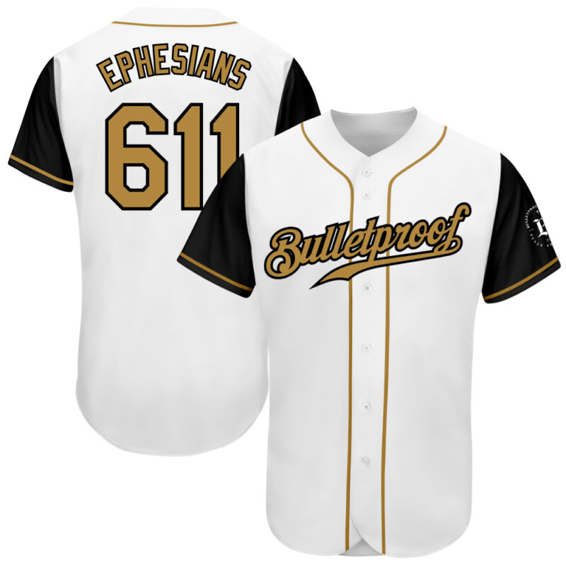 this jersey features a crisp white body with contrasting black sleeves and gold trim, delivering premium style with a powerful message.