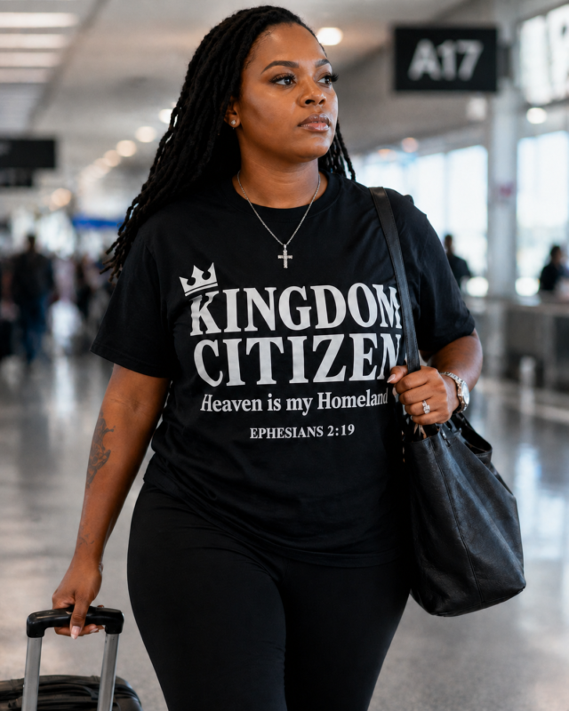 Woman representing her faith wearing a Kingdom Citizen Tee shirt.