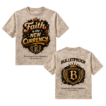 Faith Is the New Currency heavyweight T-shirt with cream and gold graphic by Bulletproof Apparel.