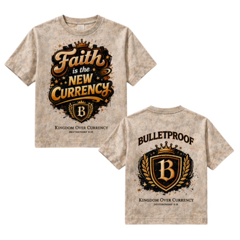 Faith Is the New Currency heavyweight T-shirt with cream and gold graphic by Bulletproof Apparel.