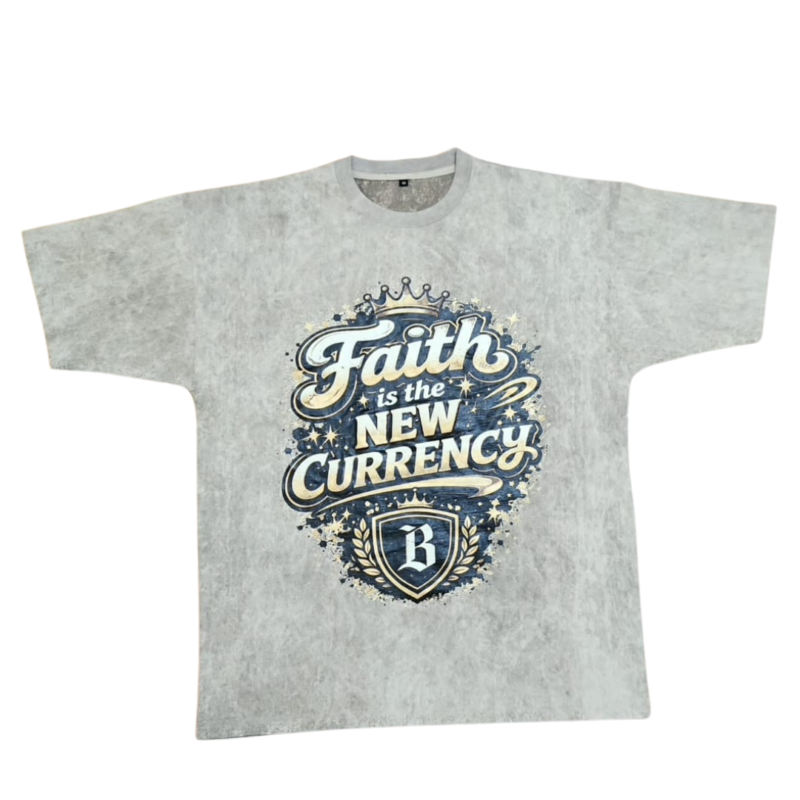 Premium oversized gray heavyweight t-shirt featuring the Faith Is the New Currency graphic design by Bulletproof Apparel.