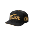 Washed black Faith embroidered hat with gold crown and Bulletproof crest detailing.